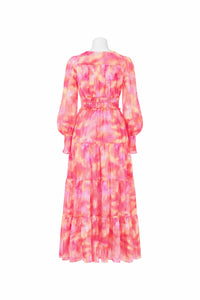 Pink Print Midi Dress with Waist Shirring